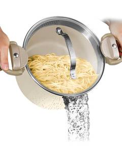 lot 5978 image: GOTHAM STEEL 5 Qt Ceramic Stock Pot Multipurpose Pasta Pot with Strainer Lid & Twist and Lock Handles, Nonstick Ceramic Pot for Soup, Spaghetti, Rice, Pots for Kitchen, Dishwasher Safe - Cream
