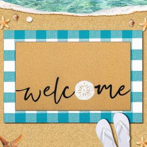 lot 5982 image: Tinideya 2 Pcs Summer Door Mat Non Slip Wildflower Coastal Hello Sunshine Sweet Home Ocean Pet Welcome Floor Doormat Buffalo Plaid Checked Stripe Mat Seasonal for Front Porch Entryway(Seashells)