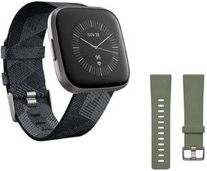 lot 6011 image: Fitbit Versa 2 Special Edition Health and Fitness Smartwatch with Heart Rate, Music, Alexa Built-In, Sleep and Swim Tracking, Smoke WovenMist Grey, One Size (S and L Bands Included)