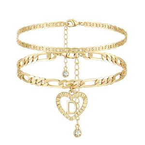 lot 6391 image: YANODA Initial Ankle Bracelets for Women 14K Gold Plated Layered Figaro Chain Letter Initial Anklets Handmade Layered Heart Ankle Bracelets Personalized Jewelry for Women