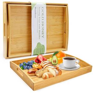 lot 6416 image: GOLD HONEY Bamboo Serving Tray with Handles Set of 2 - Decorative Wooden Tray for Living Room, Bathroom, Suitable for Used in Bedroom, Kitchen, Coffee Table, Outdoor and Storing - 17x13in, 16x12in
