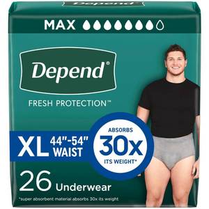 lot 6419 image: Depend Fresh Protection Adult Diapers, Incontinence Underwear for Men, Disposable, Maximum, Extra-Large, Grey, 26 Count, Packaging May Vary