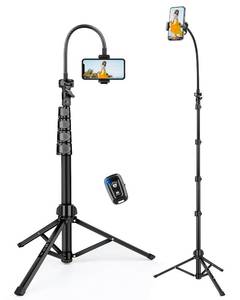 lot 6426 image: Phone Tripod, 85 Tall Tripod for iPhone with Remote, Gooseneck and Phone Holder, Overhead Phone Stand for Video Recording Watching Cooking Fitness Vlog, Compatible with iPhone Android, Black
