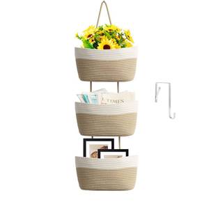 lot 6436 image: TeoKJ Over the Door Hanging Basket, 3-Tier Woven Cotton Wall-Mounted Storage Organizer Bag Decorative Hanging Kitchen Baskets - White  Jute