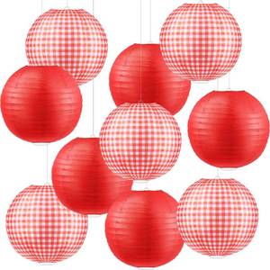 lot 6437 image: Elcoho 10 Pieces Picnic Party Decorations Paper Lanterns Round Hanging Lanterns for Summer Barbecue Birthdays Holidays Picnic Party Supplies, Pure Red, White and Red Plaid