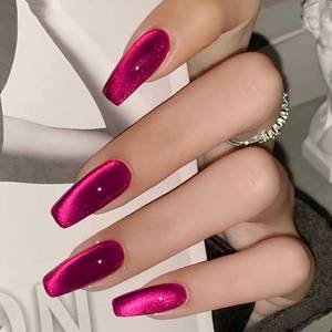 lot 6452 image: MISUD Press on Nails - Long Coffin Fake Nails with Summer Hot Pink Cat Eye, Acrylic Bling Glitter Design 24 pcs