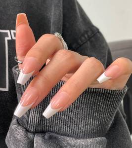 lot 6480 image: Morily Light Pink White French Tip Press on Nails, 30Pcs Long Coffin Thicker Fake Nails Reusable False Nails with Design, Glossy Acrylic Stick on Nails for Women, 15 Sizes, Include Glass File