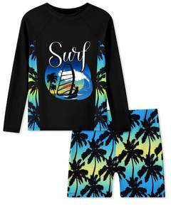 lot 10246 image: Ghteas Boys Rash Guard Swim Set Kids Two Piece Swimsuits Long Sleeve Swimwear Sets Coconut Tree Printed Swim Trunks Quick Dry Sun Protection Boys Bathing Suit Size 10