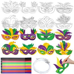 lot 12271 image: Lenwen 16 Pcs Mardi Gras Craft Masks Carnival Coloring Mask Masquerade Party DIY Paper Art with Pens for Craft Activity Kid
