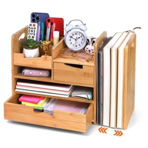 lot 13863 image: ZOOFOX Bamboo Desk Organizer with Adjustable File Holder, Mail Organizer Countertop with Drawer, 4-Tier Desktop Organization and Desk Accessories for Home Office School Supplies, No Assembly Required