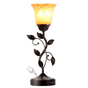 lot 13864 image: Touch Control Table Lamp with 2 USB Charging Ports, 3-Way Dimmable Bedside Nightstand Lamps, Amber Glass Shade Vintage Rural Leaf Lamp for Living Room, Bedroom, Dresser, LED Bulb Included (Bronze)