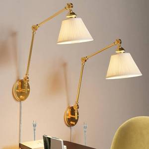 lot 13866 image: Kacotongh Plug in Wall Sconces Set of Two, Gold Swing Arm Wall Lamp with 6.6FT Plug-in Cord and Knob Switch, Fabric Hardwired Wall Lights for Bedroom, Reading, Study Room, Office, Living Room (2 Pack)