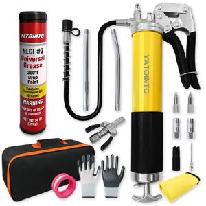 lot 13889 image: YATOINTO 16 Pcs 14oz Grease Gun Kit,7000 PSI Leak-Proof Spray Grease Gun,Universal NLGI #2 Grease Cartridge,18 Spring Hose,Double Handle Nozzle,Coupler,Teflon Tape and Other Accessories,Yellow
