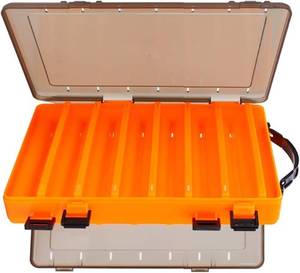 lot 14014 image: Double-Sided Fishing Lure Hook Tackle Box Visible Hard Plastic Clear Fishing Lure Bait Squid Jig Minnows Hooks Accessory Storage Case Container (Orange-14Slots)