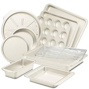 lot 15672 image: HONGBAKE Bakeware Sets, Baking Pans Set, Nonstick Oven Pan for Kitchen with Wider Grips, 10-Piece Including Rack, Cookie Sheet, Cake Pans, Loaf Pan, Muffin Pan, Pizza Pan -Cream