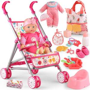 lot 15689 image: YIYBM Baby Doll with Stroller Set with 12.5 Baby Dolls, Handbag, 2 Sets Doll Clothes and 16 PCS Doll Accessories. Baby Stroller Toys for Toddler Girls Kids Ages 3-5 4-6 for Pretend Play.