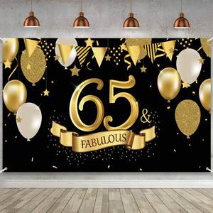 lot 16346 image: 65th Birthday Black Gold Party Decoration, Large Fabric Black Gold Sign Poster for 65th Anniversary Backdrop Banner, 65th Birthday Party Supply Photo Booth Backdrop Background Banner 72.8 x 43.3 Inch