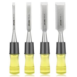 lot 16358 image: HURRICANE 4 Piece Wood Chisel Set for Woodworking. CR-V Steel Beveled Edge Blades with Safety Caps. Durable PVC High Impact Handle, for Precision Carving & DIY Projects (14, 12, 34, 1)