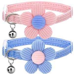 lot 16372 image: Cat Collar, HANSHILAI Kitten Collar with Bells, Cute Cat Collar Breakaway for Girl Boy with Flower,Collar para Gatos (2 Pack) (Blue & Pink)