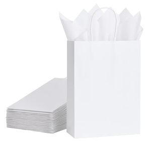 lot 18378 image: SUNCOLOR White Gift Bags with Tissue Paper, 24 Pack Small Kraft Paper Bags, 7.9 x 5.12 x 3.15 Inches, Sturdy Handles for Weddings, Baby Showers, Birthdays, Party Favors