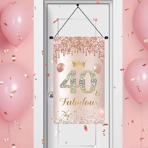 lot 18403 image: Rose Gold 40 and Fabulous Birthday Door Sign for Girls - Pink Happy Sweet 40th Front Door Hanger - Porch Banner for Birthday Decorations Party Supplies