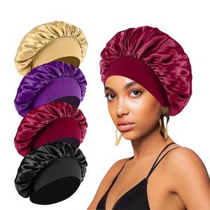 lot 18404 image: 4PCS Silk Bonnet for Sleeping,Hair Wrap Satin Bonnets Shower Cap for Black Women Men, Elastic Wide Band Hair Bonnet Cap for Sleeping Curly Hair(Black & Wine Red & Purple & Brown)