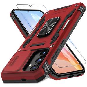 lot 18411 image: DEERLAMN Case for Samsung Galaxy S25 6.2-Inch with Slide Camera CoverScreen Protector (1 Pack), Rotated Ring Kickstand Military Grade Shockproof Protective Cover-Red