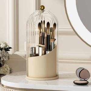 lot 18460 image: YOOLENS Makeup Brush Holder with Lid 360 Rotating Clear Dustproof Make Up Organizers for Vanity Bathroom Countertop, White Beige