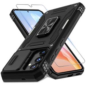 lot 18485 image: DEERLAMN Case for Samsung Galaxy S25 6.2-Inch with Slide Camera CoverScreen Protector (1 Pack), Rotated Ring Kickstand Military Grade Shockproof Protective Cover-Black