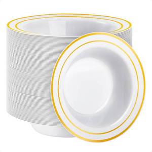 lot 19579 image: Goodluck 100 Pack Plastic Bowls with Gold Rim, 12oz Disposable Soup Bowls, Heavy Duty Dessert Bowls for Weddings, Parties, Dinners, Catering, Thanksgiving and Everyday Use
