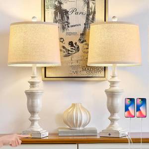 lot 19614 image: SAIWEYA 27.5 Set of 2 Farmhouse Table Lamps for Bedroom, 3 Way Dimmable Bedside Lamp with 2 USB AC Outlet Nightstand Lamps for Living Room Resin Rustic Touch Lamps