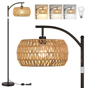 lot 19624 image: Boho Floor Lamp with Dimmable Bulb, Rattan Shade, Boho Standing Tall Lamps with Foot Switch, Black Bohemian Floor Lamps for Living Room, Bedroom, Office