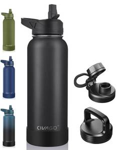 lot 19626 image: CIVAGO 40 oz Insulated Water Bottle With Straw, Stainless Steel Sports Water Cup Flask with 3 Lids (Straw, Spout and Handle Lid), Double Walled Travel Thermal Canteen Mug, Midnight Black