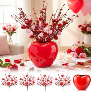 lot 19628 image: Youyole Valentines Day Heart Vase Set with 4 Red Berry Stems, 6.5 Heart-Shaped Ceramic Vase with Artificial Berry Branches, Romantic Table Centerpiece Decor for Couples, Home, Office & Gift (Red)