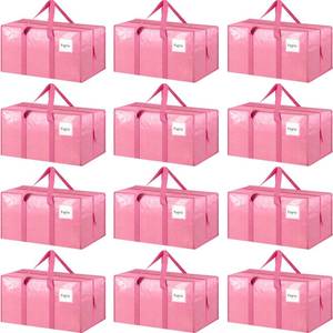 lot 19659 image: 12 Pack Extra Heavy Duty Large Moving Bags with Strong Zipper & Comfortable Handles, Sturdy & Durable Clothes Storage Bags Totes Bins, Packing Moving Boxes for College Supplies, Pink