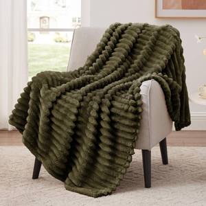 lot 19669 image: EXQ Home Fleece Throw Blanket for Couch or Bed - 3D Stripe Jacquard Decorative Blankets - Cozy Soft Lightweight Fuzzy Flannel Blanket Suitable for All Seasons(50�60,Dark Green)