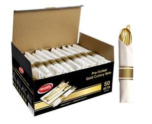 lot 19670 image: Neatiffy 50 Pack Gold Plastic Silverware Set, Pre Rolled Napkin and Cutlery Set with 50 Forks, 50 Knives, 50 Spoons, 50 Napkins, Utensils, Silverware for Parties, Weddings and Birthdays
