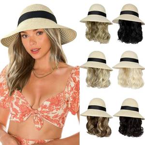 lot 20258 image: Lansigreen Sun Hat with Hair Extensions Hat Wig UPF 50 Foldable Wide Brim Straw Beach Hat Attached 9 Wavy Hairpiece Synthetic for Women Summer Dark Brown