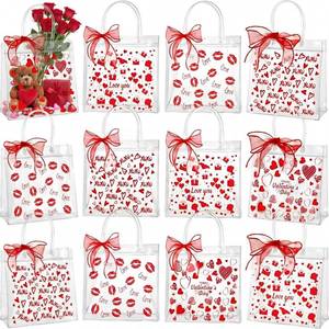 lot 20264 image: Amylove 12 Pcs Valentines Gift Bags Bulk Valentines Day Clear Gift Bags Bulk Valentine Clear PVC Goodie Bag with Handles Galentines Day Party Favors (Stylish,Red)