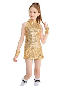 lot 20294 image: LOLANTA Girls Sequin Dance Dress Sparkle Hip Hop Jazz Dance Outfits Sleeveless Top Shorts (Golden, 6-7)