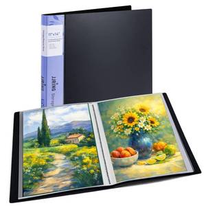 lot 20296 image: JJRING 11x14 Art Portfolio Folder with Plastic Sleeves, 24-Pocket Portfolio Binder Displaying 48 Pages, Presentation Book with Black Inner Paper for Artwork Storage, Black
