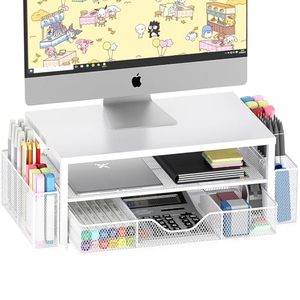 lot 1745 image: OPNICE Desk Organizers and Accessories, 2-Tier Computer Monitor Stand Riser with Drawer and 2 Pen Holders, Laptop Stand, Office Desk Accessories for Office Supplies, White