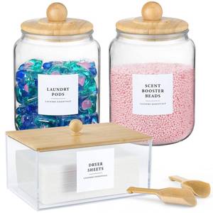 lot 1768 image: Glass Jars and Dryer Sheet Holder with Bamboo Lids, Dispenser Set and Labels, Containers for Laundry Room Organization and Storage, Half Gallon Airtight jars, Acrylic Storage Box for Laundry supplies