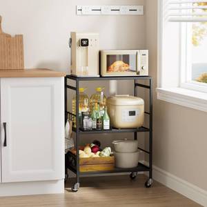 lot 1769 image: XIVIRACK 3-Tier Kitchen Cart with Adjustable Shelves - Microwave Storage Cart & Utility Rolling Organizer, Industrial Wheels for Small Spaces, 15.7x23.6x33.7 Black Panel and Black Frame