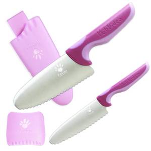 lot 2117 image: Kibbidea 4 Pcs kids knife set for real cooking, Kids First Cutting Knives Set, Round Tip Kids Friendly Kitchen Knife, BPA-free Stainless Steel Kids Chef Knife to Learn to Cook (Violet)