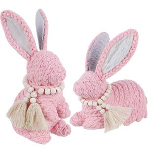 lot 4403 image: DR.DUDU 2 Pack Woven Bunny Easter Decor - Bunny Decorations for Home, Spring Rabbit Figurines for Shelf Table Centerpiece (Pink)