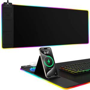 lot 4404 image: Mouse Pad with Phone Holder, Wireless Charging Desk Mat, RGB Gaming Mousepad Home Office Large Desk Pad with Ultra-Smooth Surface, Non-Slip Base, Waterproof Keyboard Pad, Classic Black Desk Mat