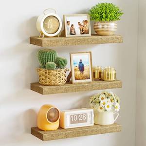 lot 4408 image: Alsonerbay Rattan Floating Shelves for Wall Set of 3, 15.7 Inch Wood Shelves Wall Mounted with Invisible Bracket for Bedroom Living Room Nursery and More
