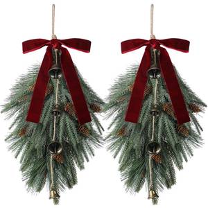 lot 4416 image: Shihanee 2 Pcs 24 Christmas Teardrop Swag Rustic Door Swag Teardrop Wreath Artificial Norfolk Pine Hanging Garland Greenery with Bell Velvet Bow for Outdoor Mantle Fireplace (Wine Red,23.6 Inch)