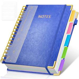 lot 4422 image: Hardcover Spiral Notebook Journal, 8x10 Large B5 Notebooks with Removable Dividers Tabs, 300 Pages Leather 5 Subject Notebook College Ruled, Journal for Work School Note, 100 GSM Thick Paper,Blue